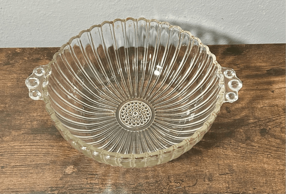 Vintage Ribbed Glass Bowl 9.5" Scalloped Edges Hobnail Bottom & Handles Jeanette